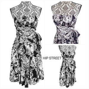 BCBG Damask Print Strapless Wrap Sash Waist Balloon Skirt SILK Party Dress 0